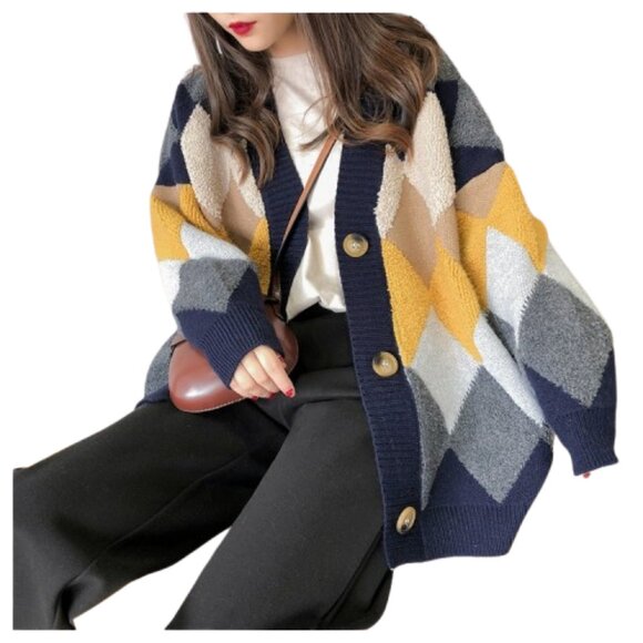 Geometric Pattern Button-Up Cardigan - Picture 1 of 10